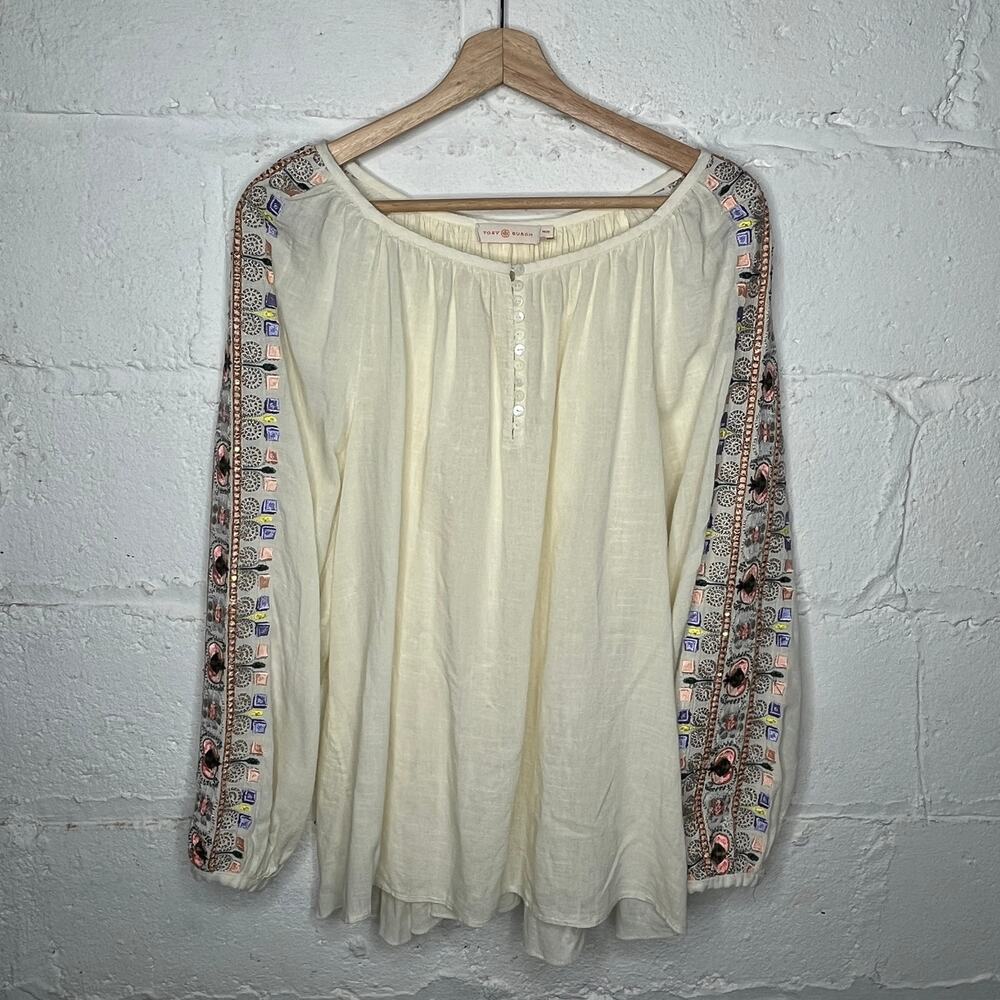 Tory‎ Burch Luna Gauzy Cream Embroidered Peasant Blouse Scoop Neck Size Medium